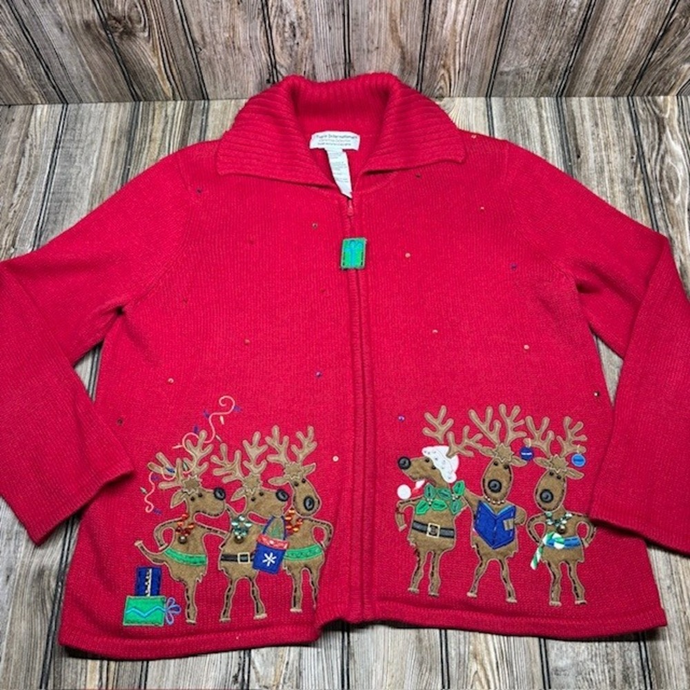 Vintage Tiara International Christmas Reindeer Zip Up Sweater Sequin Beaded XL